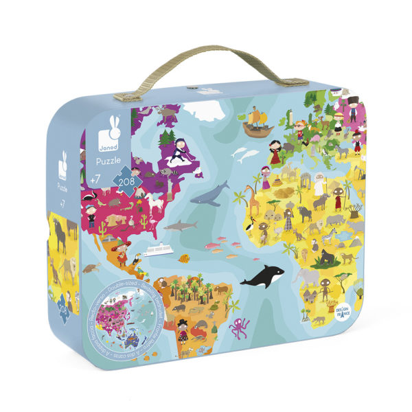 Janod - Obojstranné puzzle v kufríku - Zemeguľa